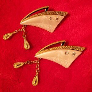 2 Vtg Gold Tone Plastic Faux Mother of Pearl Boat Angular Brooch w/ Rhinestones